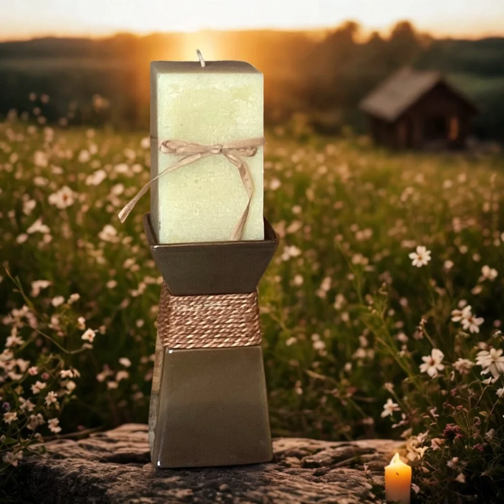 PARTYLITE RUSTIC SQUARE CERAMIC 7” CANDLE HOLDER WITH 2 FRENCH VANILLA CANDLES - Picture 1 of 4
